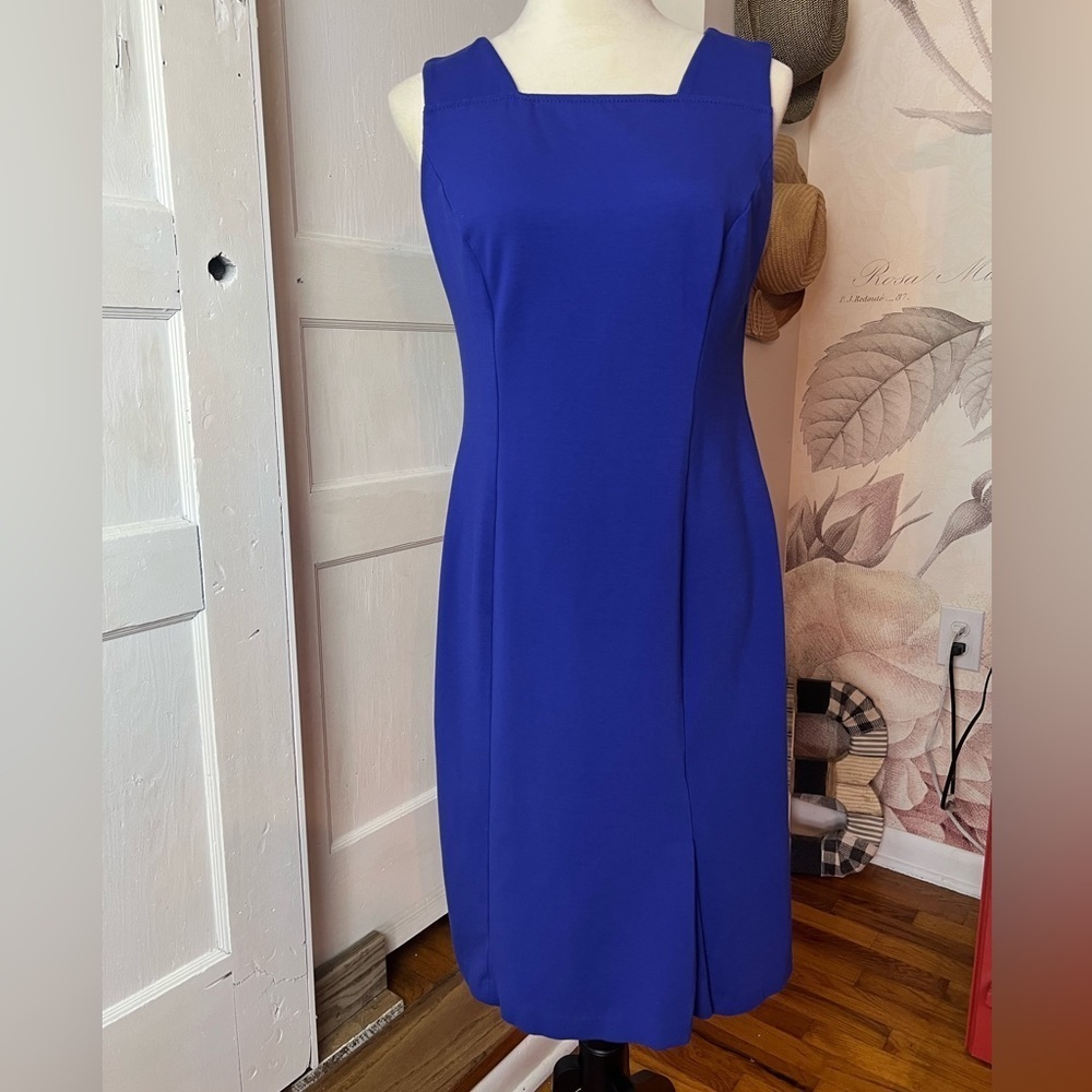TALBOTS SZ 4 SHEATH DRESS BLUE BACK ZIP FRONT KICK PLEAT CAREER PARTY WEAR